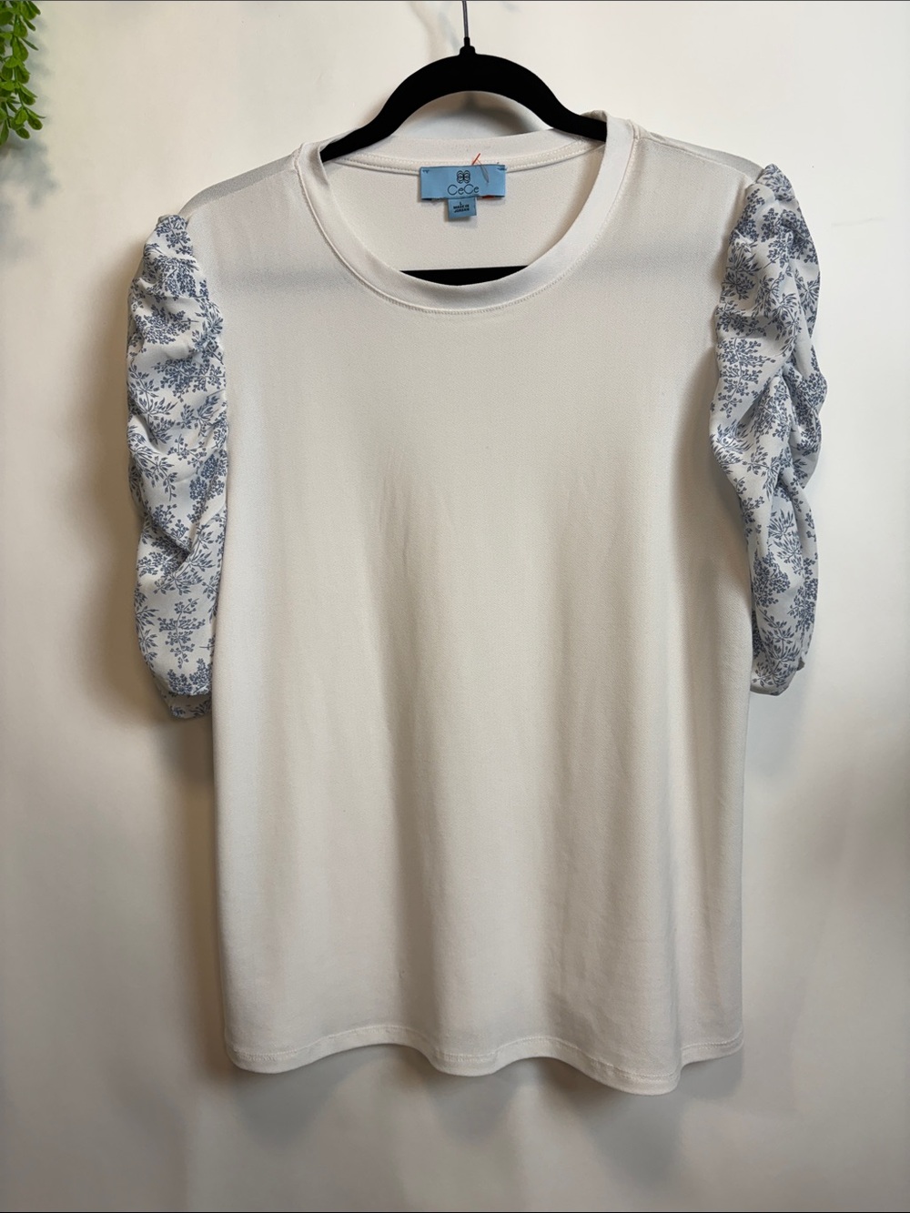 CeCe White Tee with Blue Floral Puff Sleeves